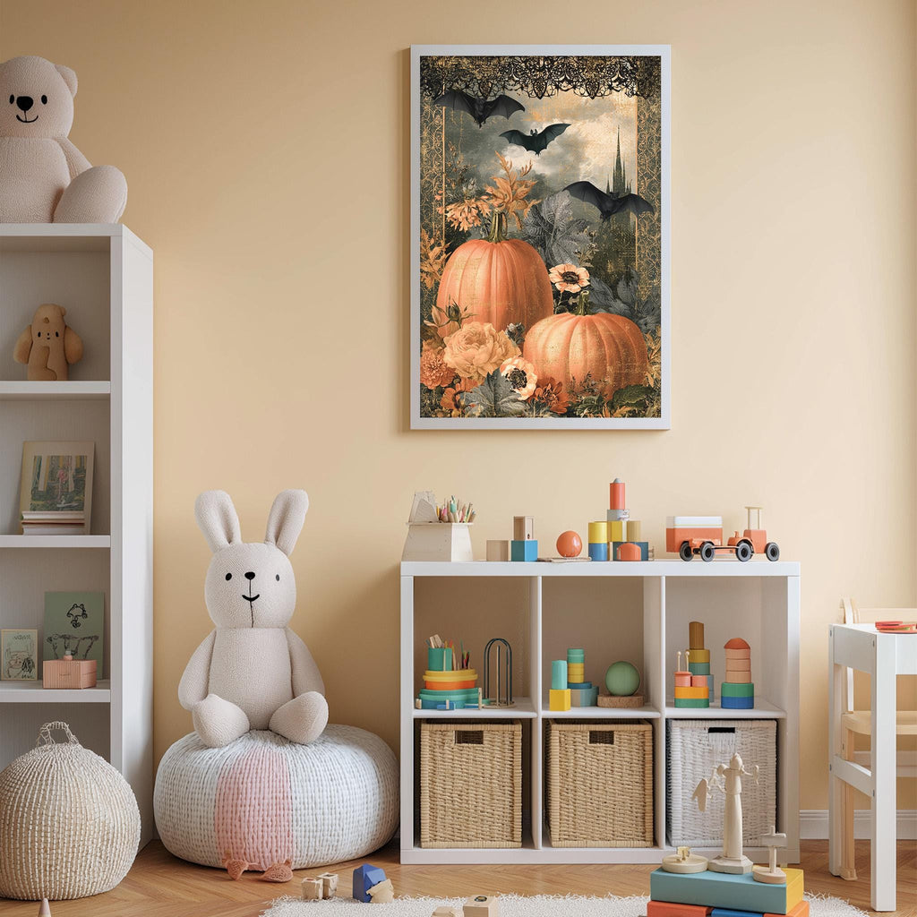 A cozy and colorful children's bedroom with a large stuffed bunny, a bookshelf, and a toy chest filled with toys. The walls are painted a light peach color, and a framed picture of pumpkins and flowers hangs above the bookshelf.