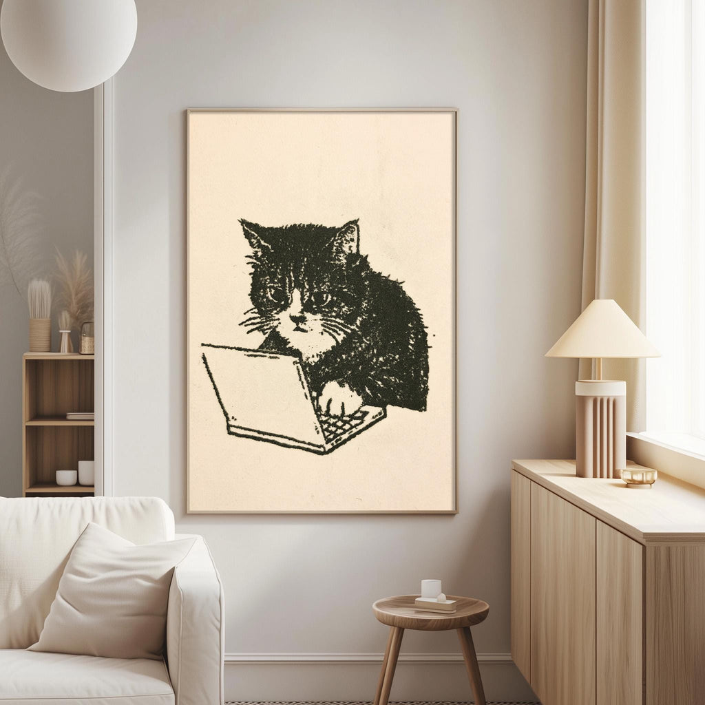 a black and white cat sitting on a laptop computer, which is a framed artwork hanging on the wall of a living room.