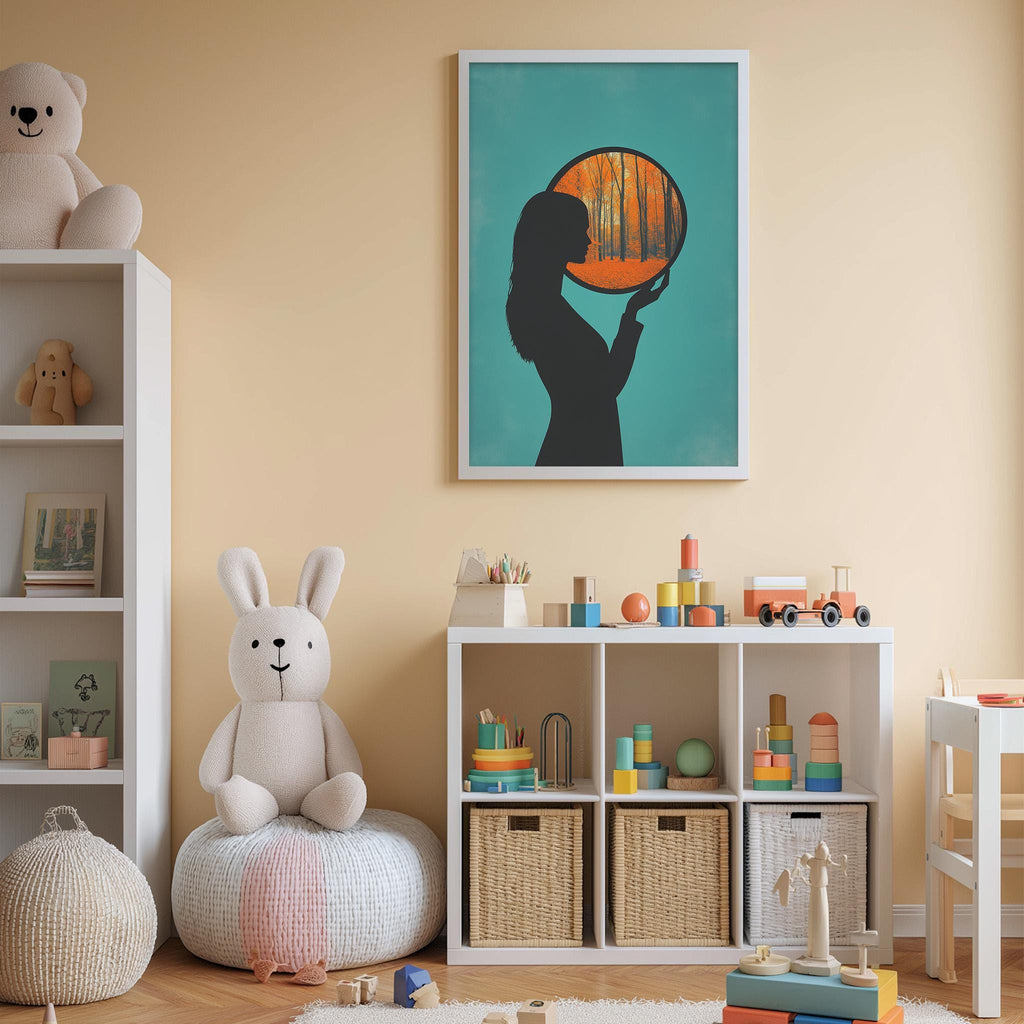 A child's bedroom with a white bookshelf, a stuffed rabbit, a toy train, and a framed artwork depicting a woman holding a mirror.