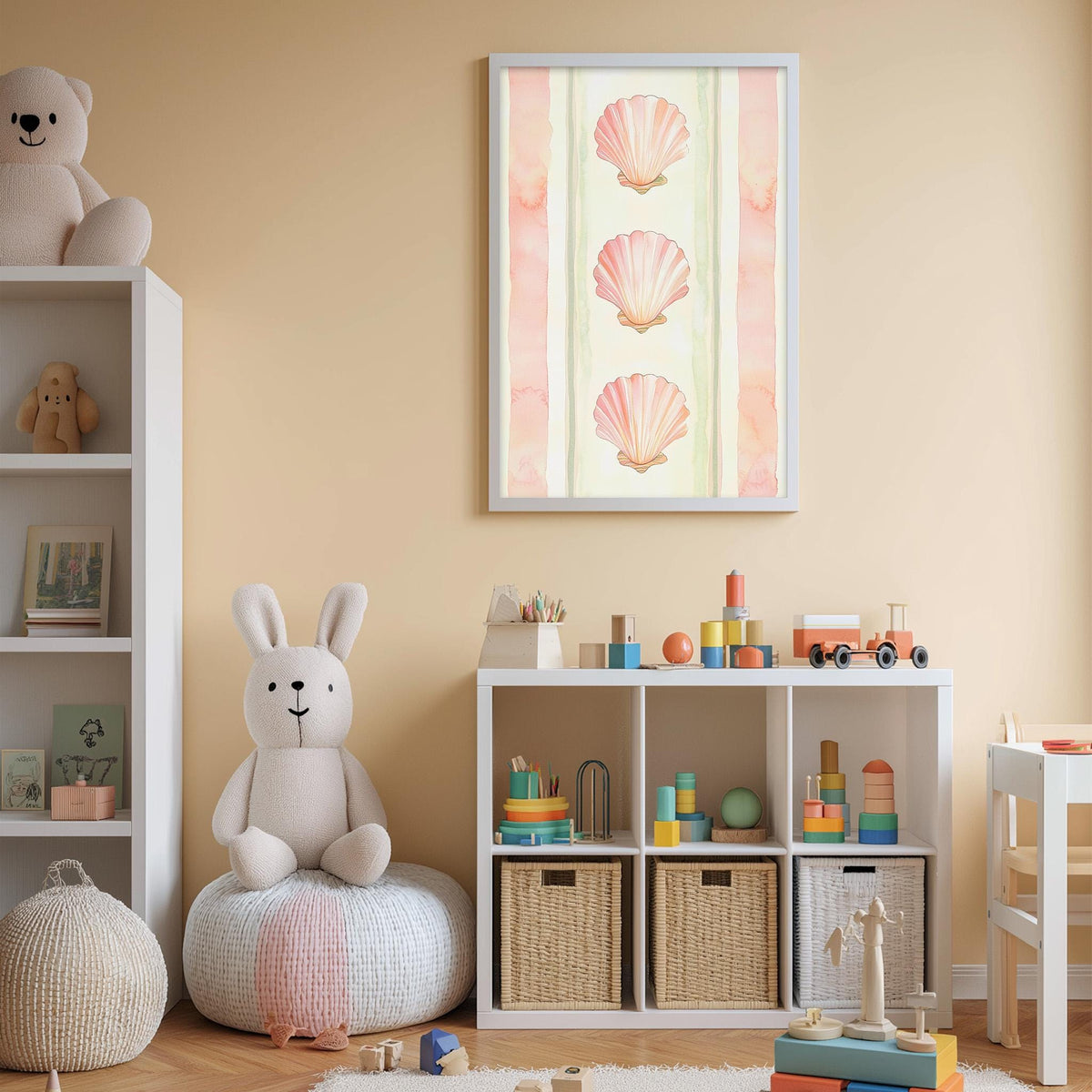 A cozy and colorful children's bedroom with a teddy bear, shelves filled with toys, and a framed picture of seashells on the wall.