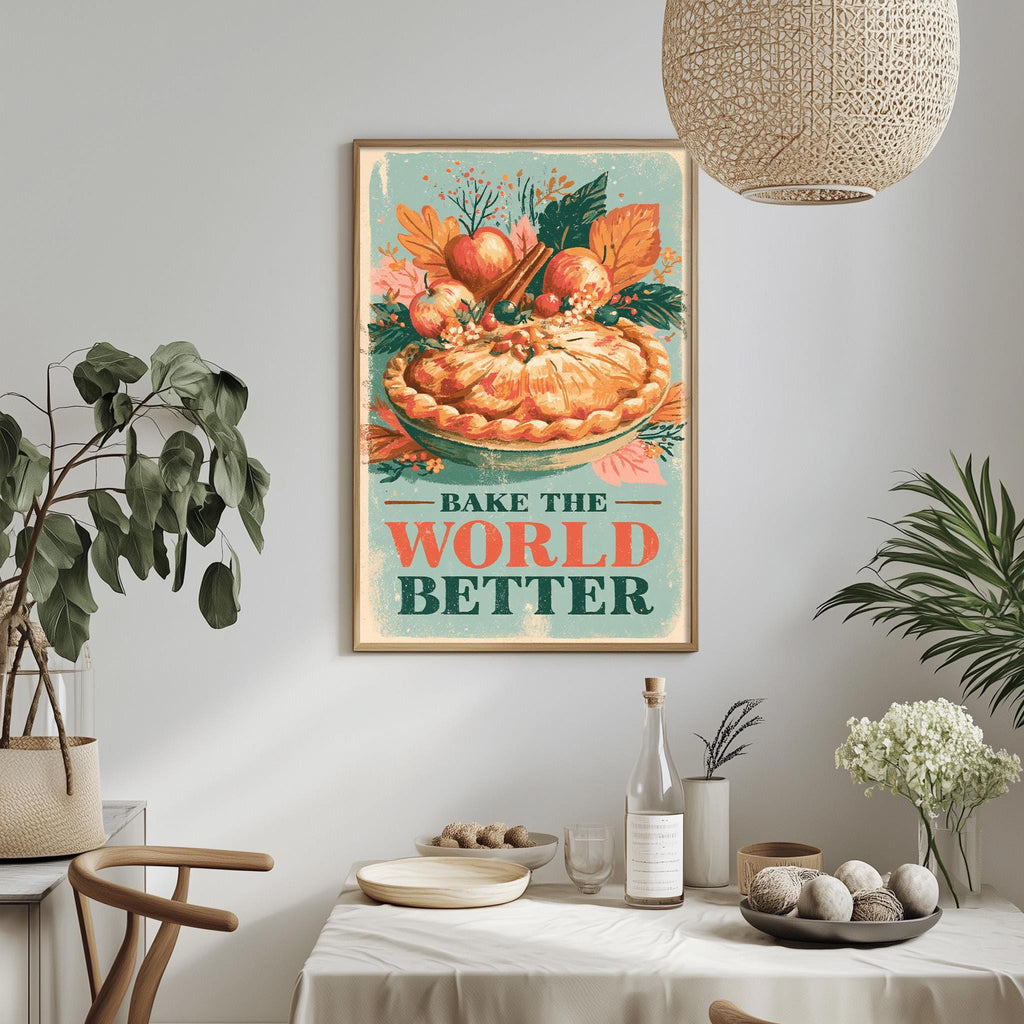 a framed poster with the text "Bake the WORLD better" hanging on a wall above a dining table with various decorative items and plants.