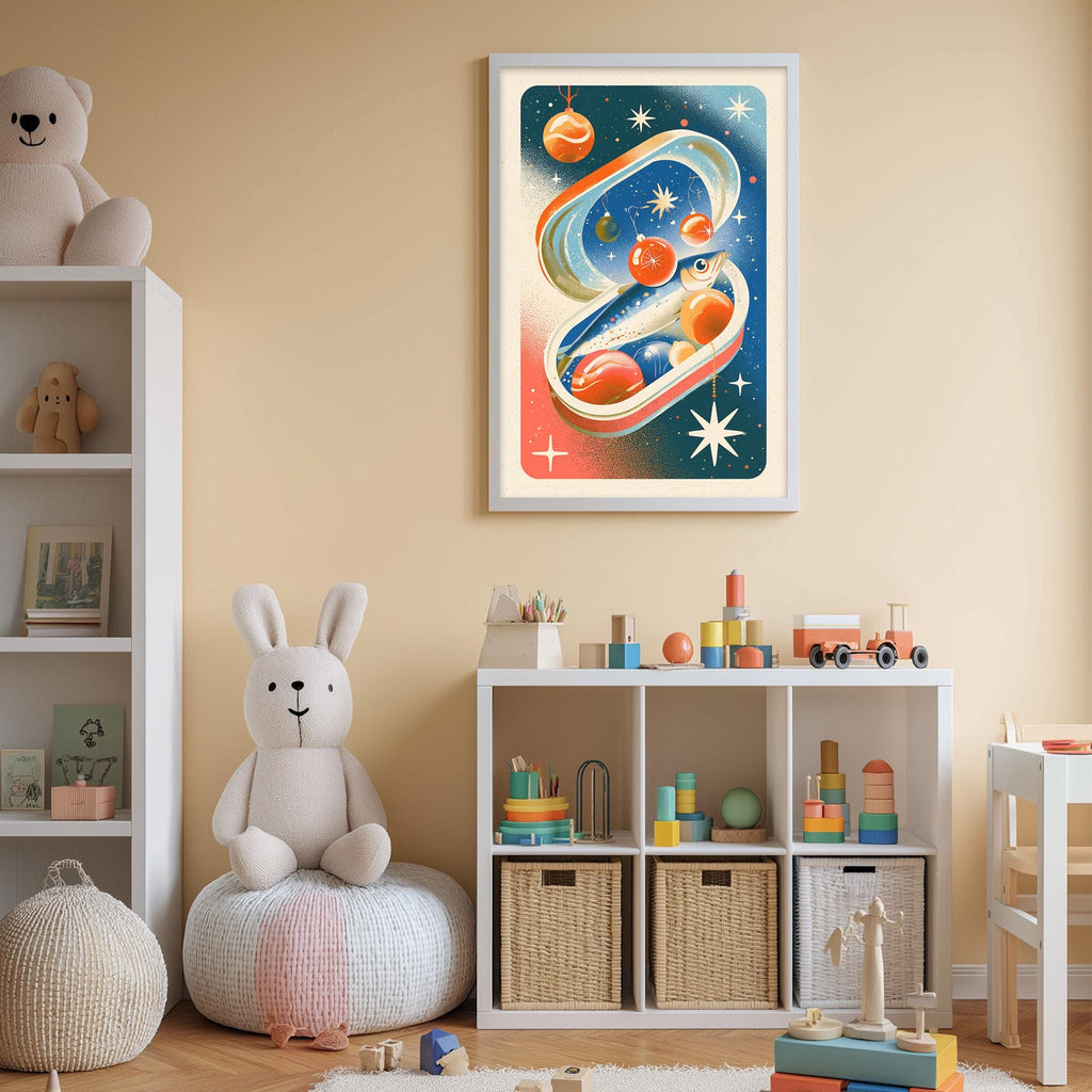 A child's bedroom with a large stuffed rabbit, a bookshelf filled with toys, and a framed artwork depicting a space scene with planets and stars.