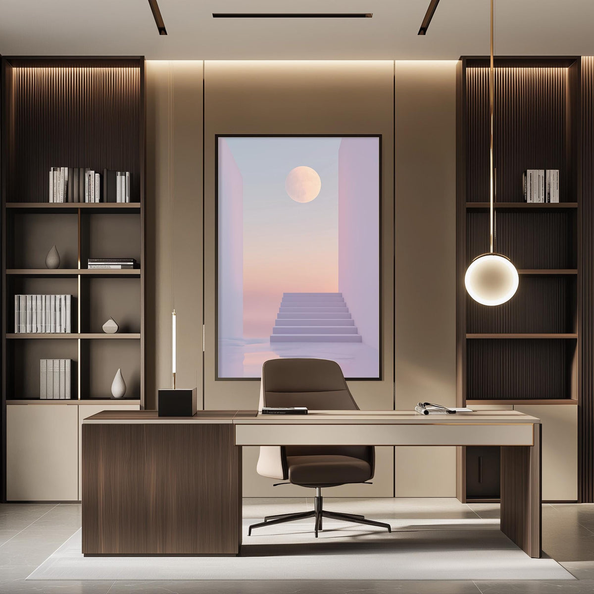 a modern and minimalist office space with a large window, a wooden desk, a comfortable chair, and a large abstract painting on the wall.