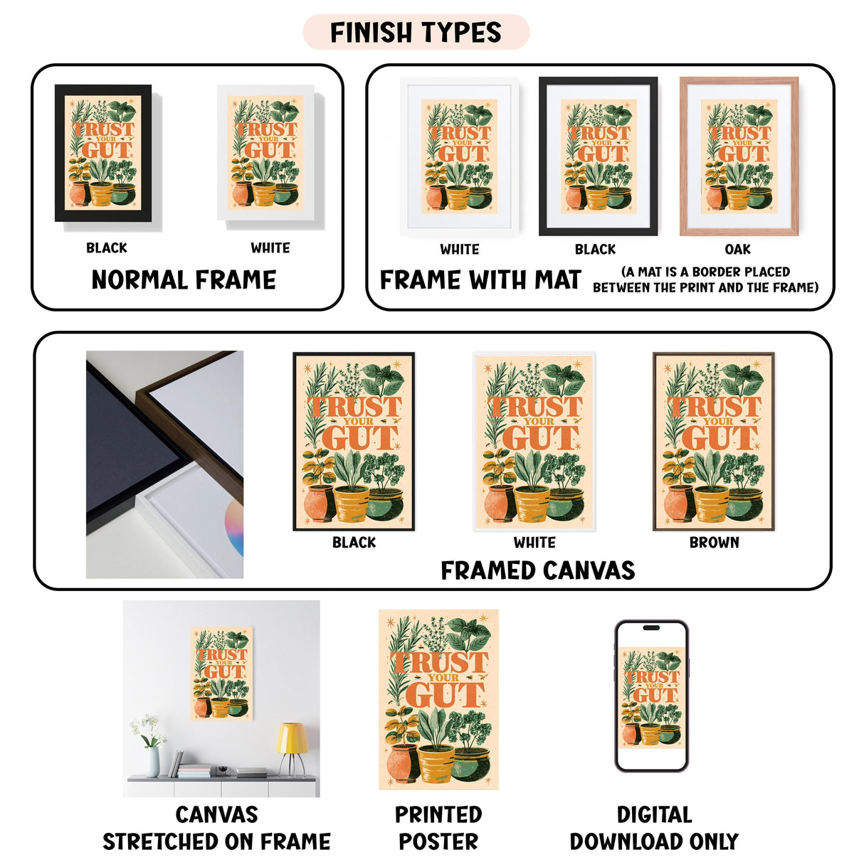 various types of artwork, including framed prints, canvas prints, and digital prints, each with different finishes and frame types.