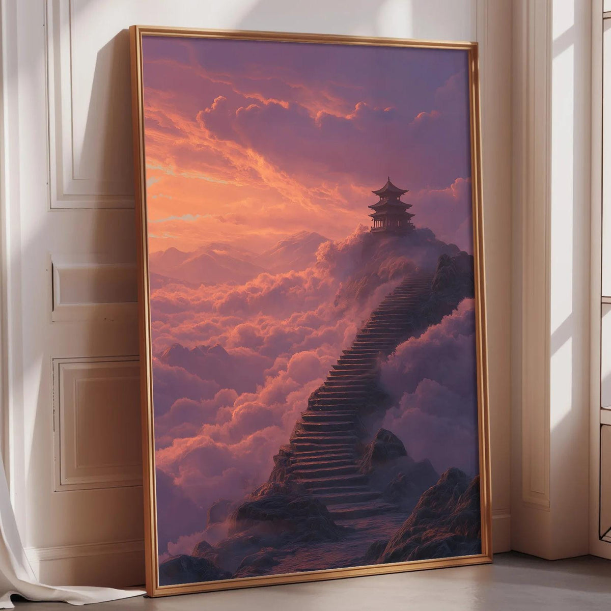 A large framed painting depicting a serene landscape with a pagoda-like structure perched atop a mountain, surrounded by clouds and a staircase leading up to it.