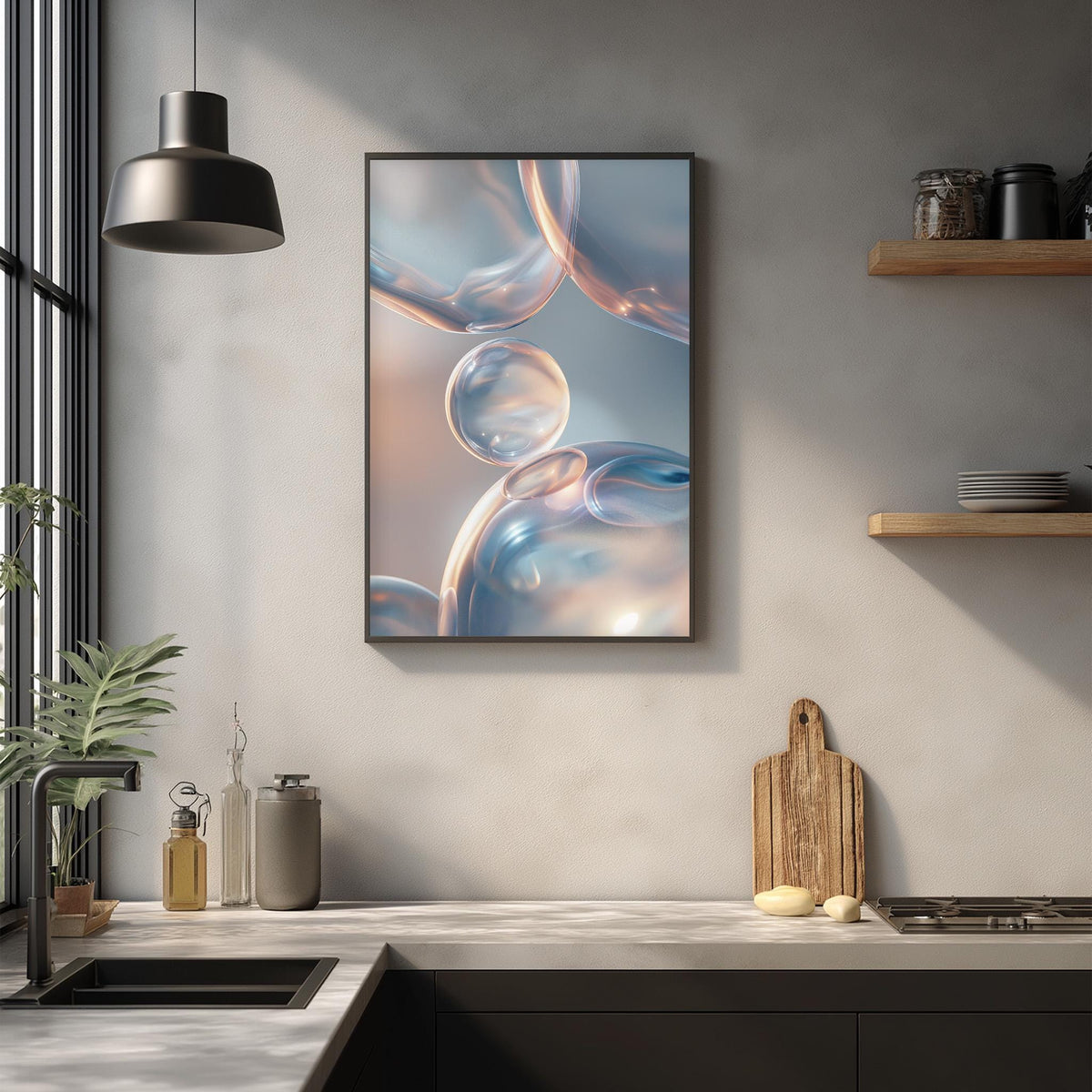 a modern kitchen with a large framed picture of bubbles hanging on the wall above a wooden cutting board and a sink.