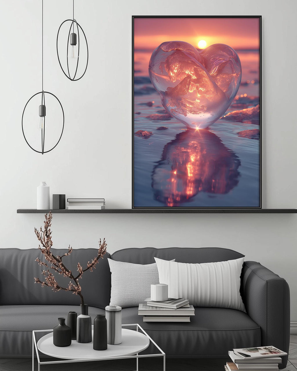 a large, heart-shaped glass sculpture with a glowing, radiant interior, set against a serene sunset backdrop. The sculpture is positioned on a beach, with the ocean and sky reflected in its surface. The scene is captured in a striking, artistic photograph, which is displayed on the wall above a gray couch in a cozy living room setting.