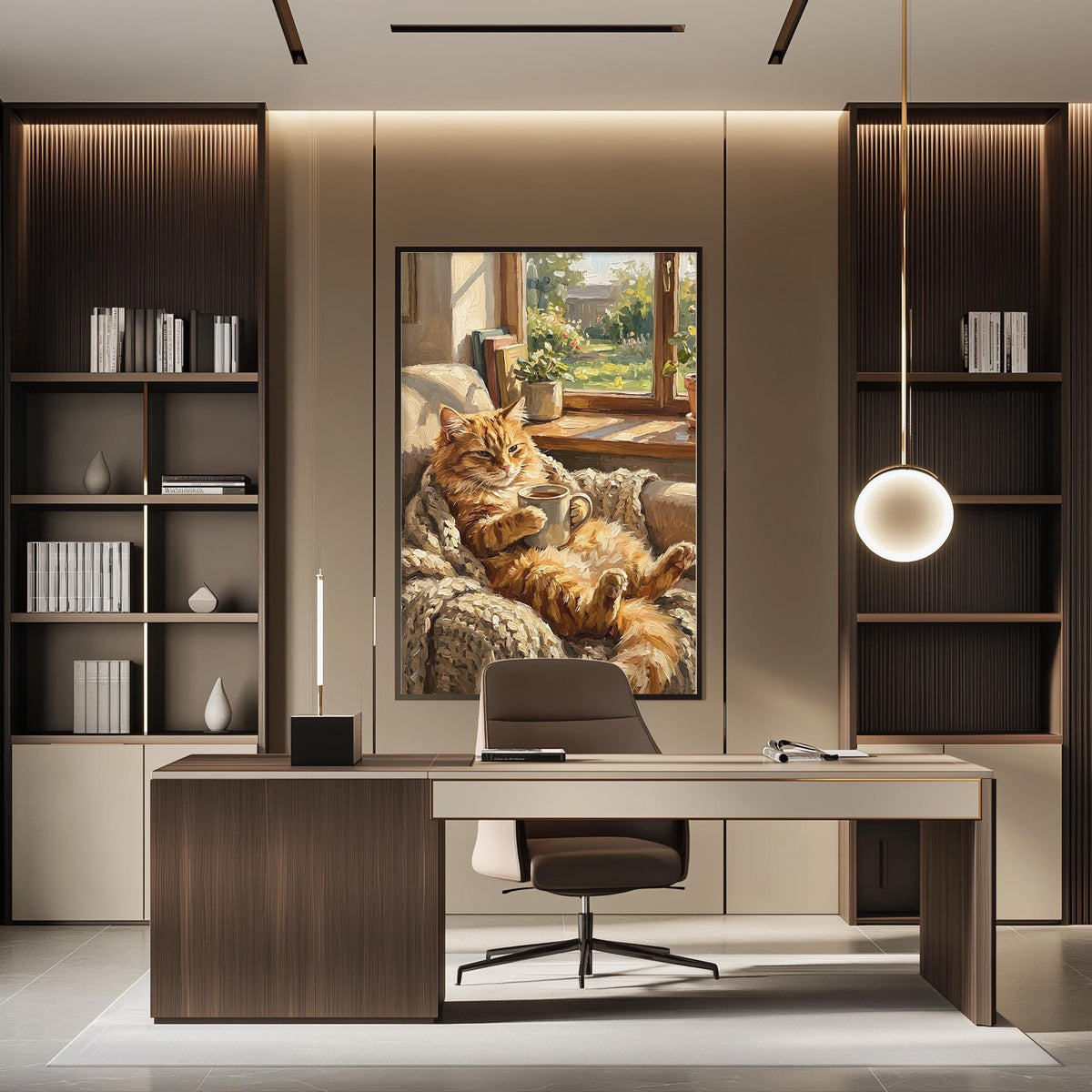a modern office space with a large painting of a cat resting on a blanket on the wall. The office features a desk, chair, and bookshelves, creating a comfortable and functional workspace.