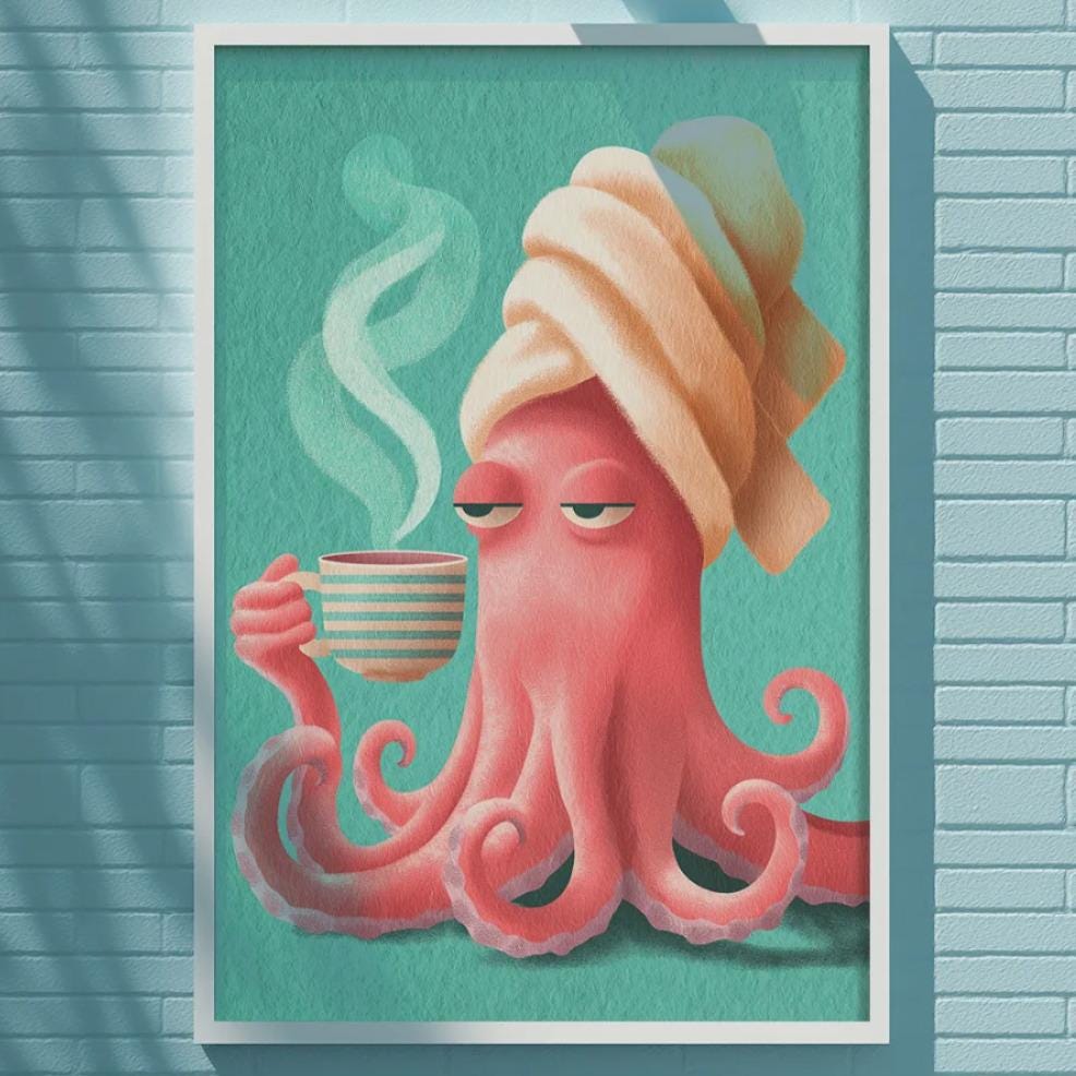 A framed illustration of a pink octopus holding a cup of coffee, with a towel wrapped around its head, is displayed on a blue brick wall.