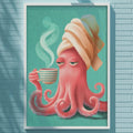 A framed illustration of a pink octopus holding a cup of coffee, with a towel wrapped around its head, is displayed on a blue brick wall.