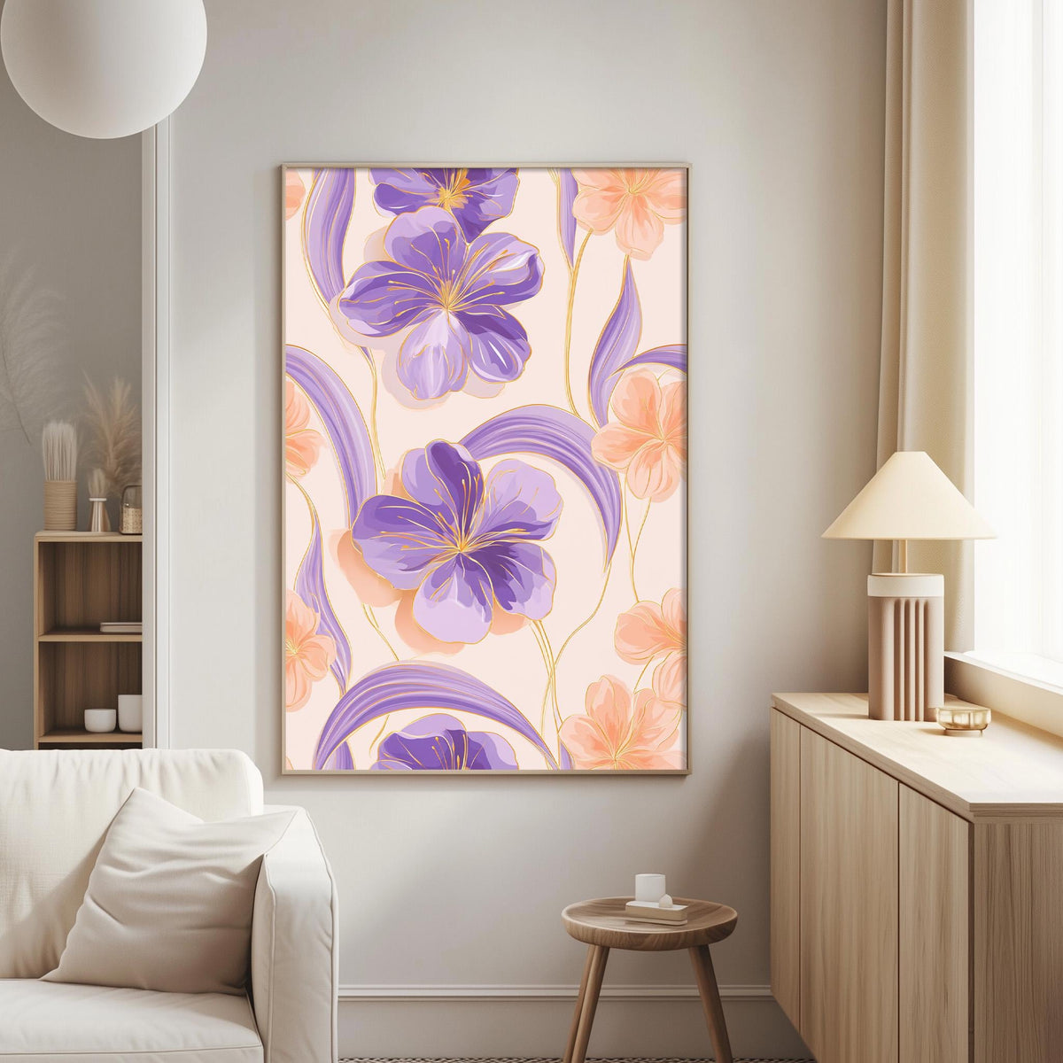 a living room with a large floral print hanging on the wall, depicting purple and orange flowers. The room has a white sofa, a wooden side table, and a lamp on a wooden cabinet.