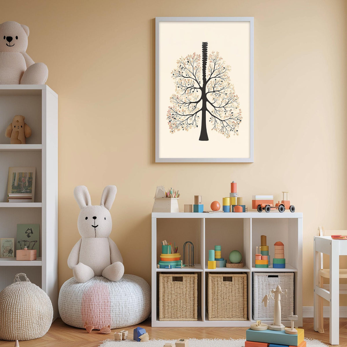 A cozy and colorful children's bedroom with a large tree-themed artwork on the wall, a bookshelf filled with toys, and a plush rabbit sitting on a bean bag chair.