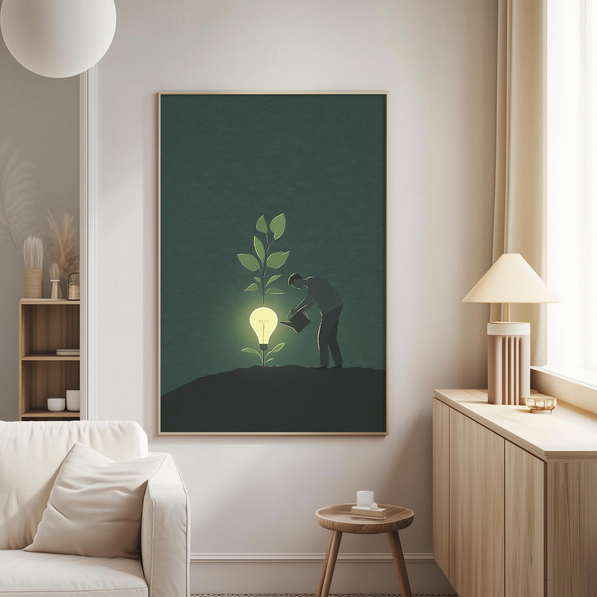 a person tending to a plant with a glowing light bulb, symbolizing the idea of nurturing and growing something.