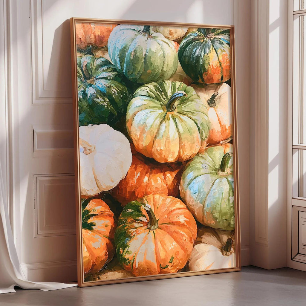 A large framed painting depicting a vibrant collection of colorful pumpkins, including white, orange, and green varieties, arranged in a visually striking composition.