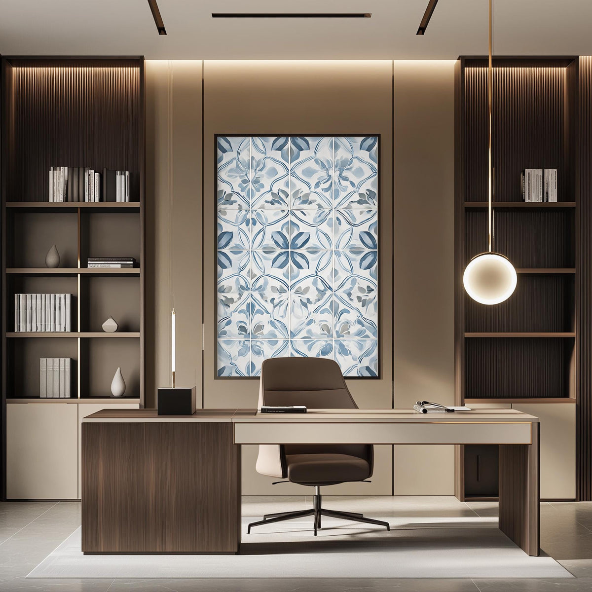 a modern and well-designed office space with a large wooden desk, a comfortable chair, and a large wall-mounted artwork featuring a blue and white floral pattern.