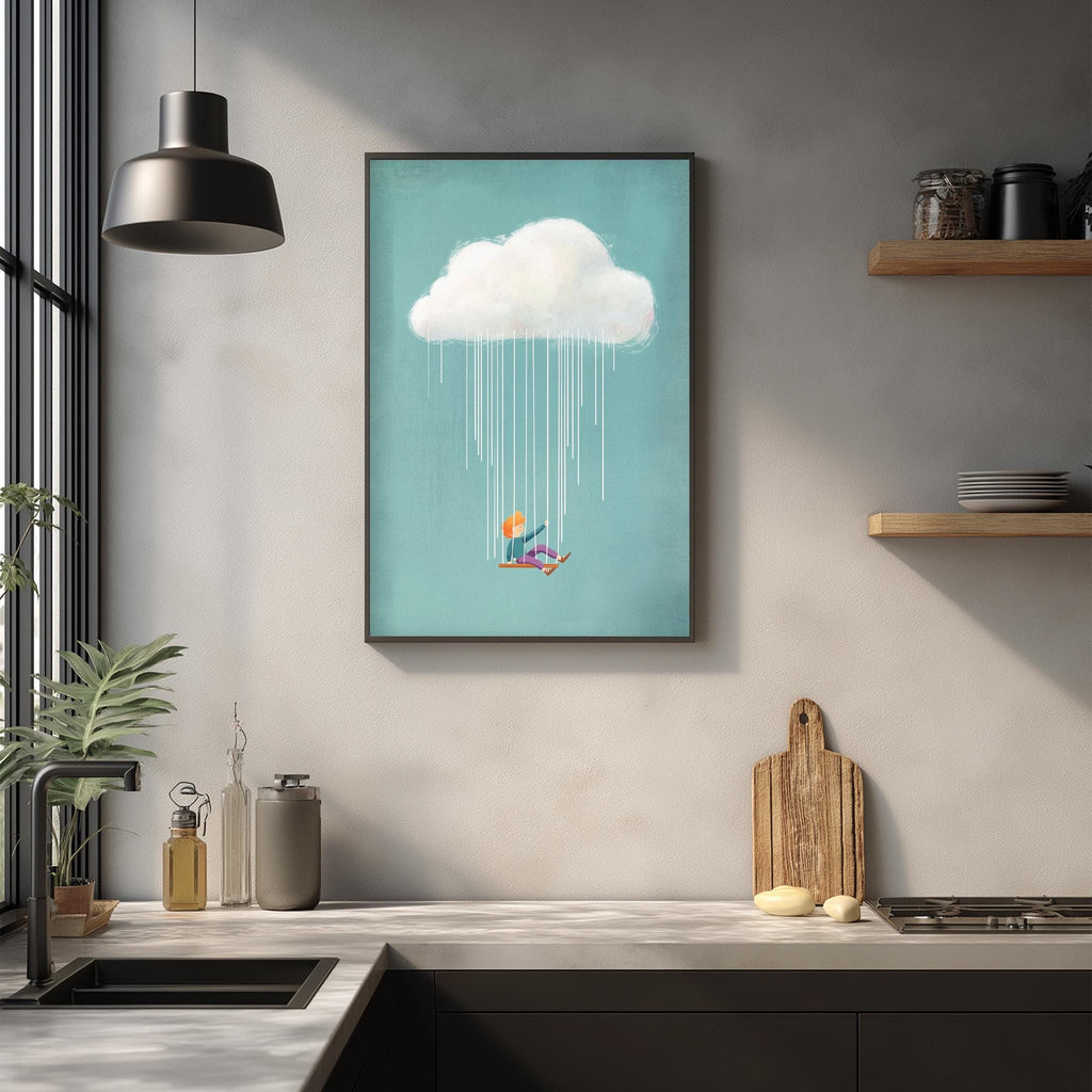 a kitchen counter with various items such as a cutting board, a bottle, and a vase. Above the counter, there is a framed picture of a person sitting on a surfboard, with a cloud falling from the sky above them.