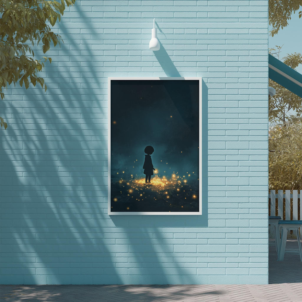 a blue brick wall with a framed poster of a silhouetted figure standing in the center, surrounded by a glowing, starry background.
