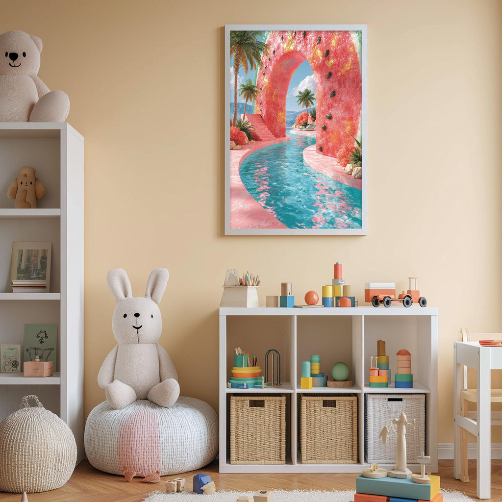 A child's bedroom with a large stuffed rabbit, a bookshelf, and a colorful painting of a tropical archway.