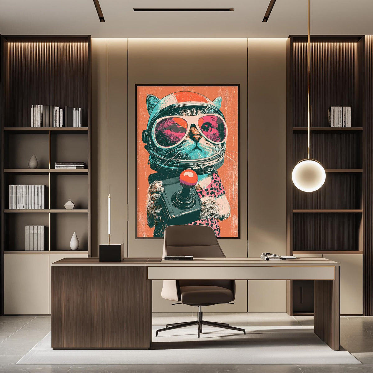 a modern office space with a large, colorful painting of a cat wearing a spacesuit and sunglasses as the focal point. The cat appears to be holding a camera, adding a unique and playful touch to the room. The office has a sleek, contemporary design with dark wood furniture, including a desk and a chair. The space is well-lit, with a pendant light hanging above the desk and a bookshelf filled with books on the right side of the room.