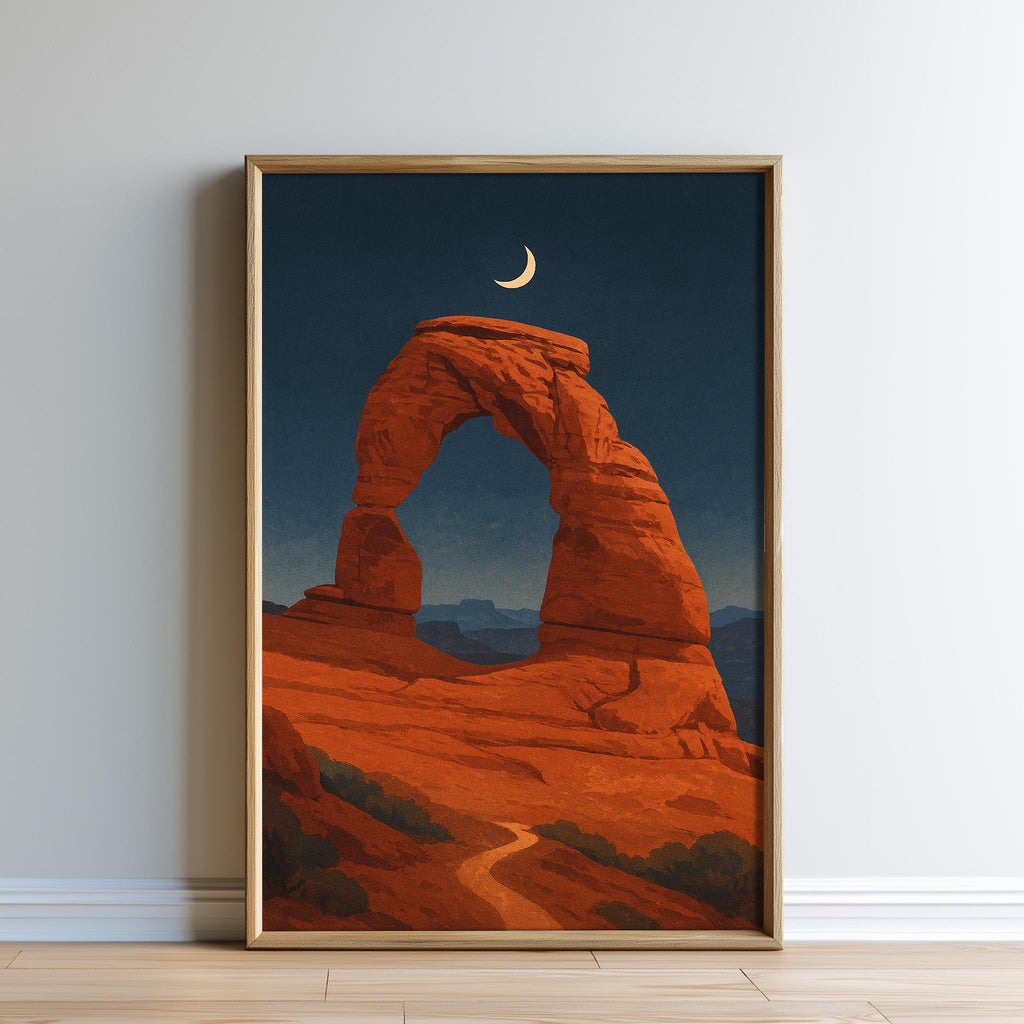 a large, natural arch formation in a desert landscape, with a crescent moon visible in the sky above it.