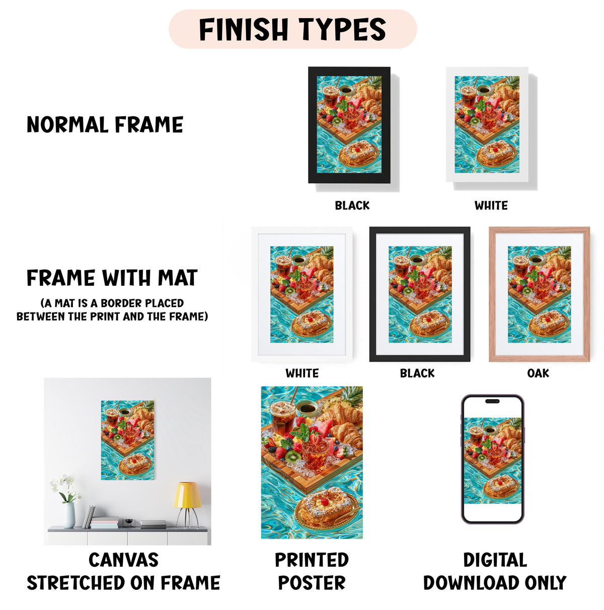 various finish types for framed artwork, including a normal frame, a frame with a mat, a white frame, a black frame, an oak frame, a white canvas stretched on a frame, a printed poster, and a digital download only.