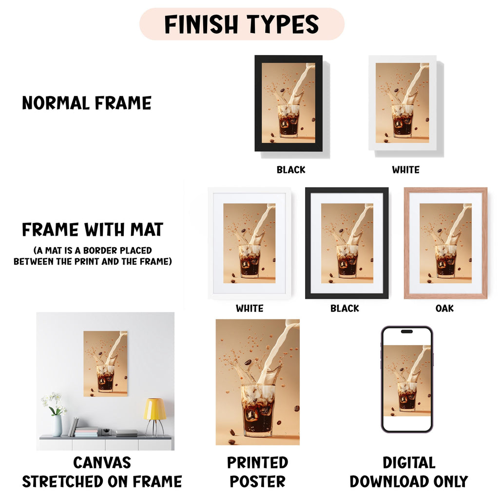 various finish types for framed artwork, including a normal frame, a frame with a mat, a white frame, a black frame, an oak frame, a white canvas stretched on a frame, a printed poster, and a digital download only.