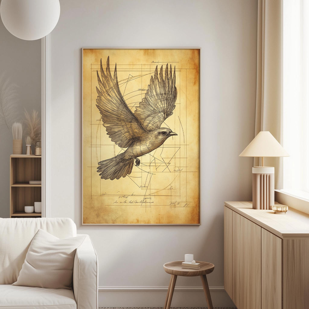 a large framed illustration of a bird in flight, hanging on a wall in a living room setting.