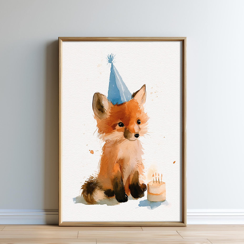 A framed watercolor painting depicting a fox wearing a blue party hat and sitting next to a birthday cake with lit candles.