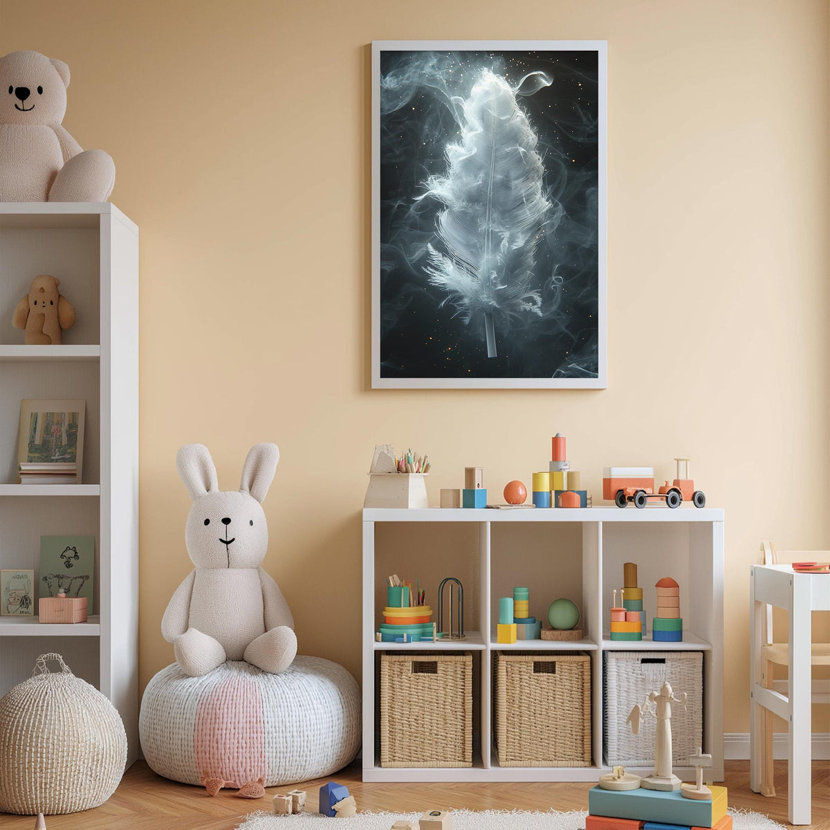 A cozy children's room with a large stuffed bunny, a bookshelf, and a toy chest filled with toys. The walls are painted a light peach color, and a framed artwork depicting a feather floating in the sky is displayed on the wall.
