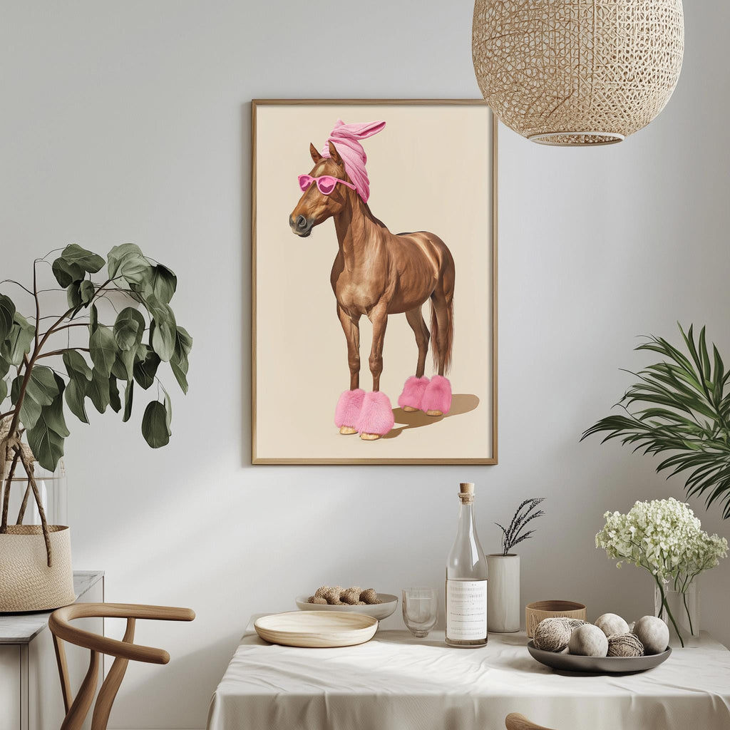 a framed painting of a horse wearing pink sunglasses and pink slippers, hanging on a wall above a dining table with various decorative items and plants.