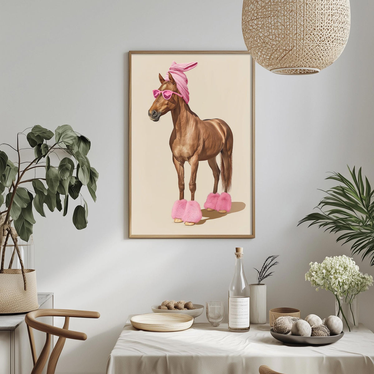 a framed painting of a horse wearing pink sunglasses and pink slippers, hanging on a wall above a dining table with various decorative items and plants.
