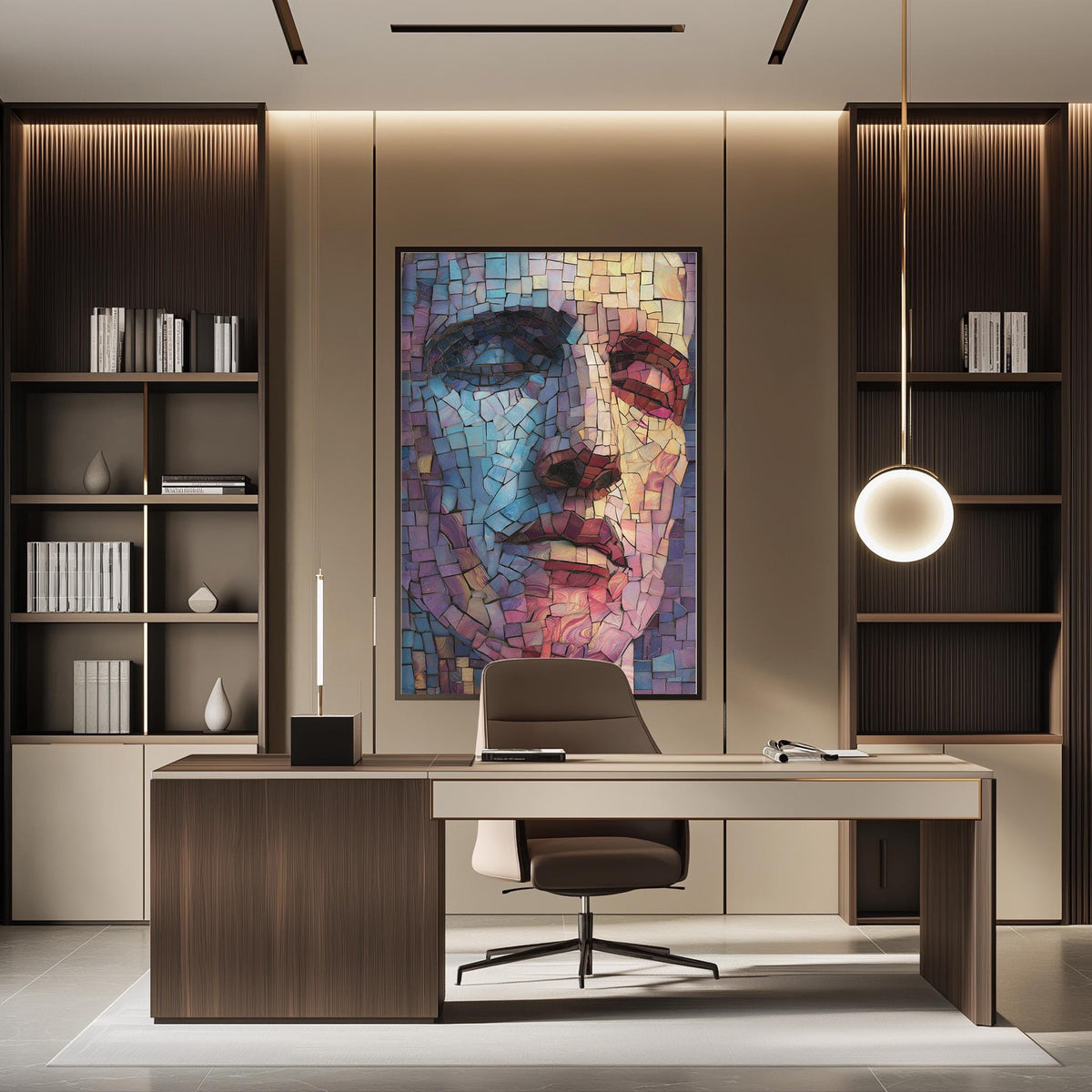 a modern office space with a large, colorful mosaic portrait of a face hanging on the wall. The office has a wooden desk, a comfortable-looking chair, and a bookshelf filled with books. The overall design and decor create a professional and stylish atmosphere.