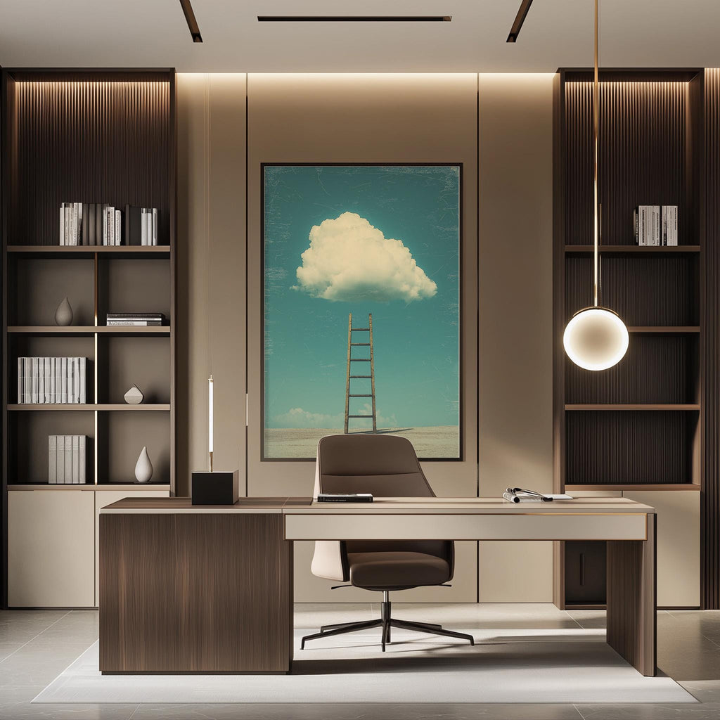 a modern and minimalist office space with a large framed picture of a ladder leading up to a cloud in the sky, creating a dreamlike atmosphere.