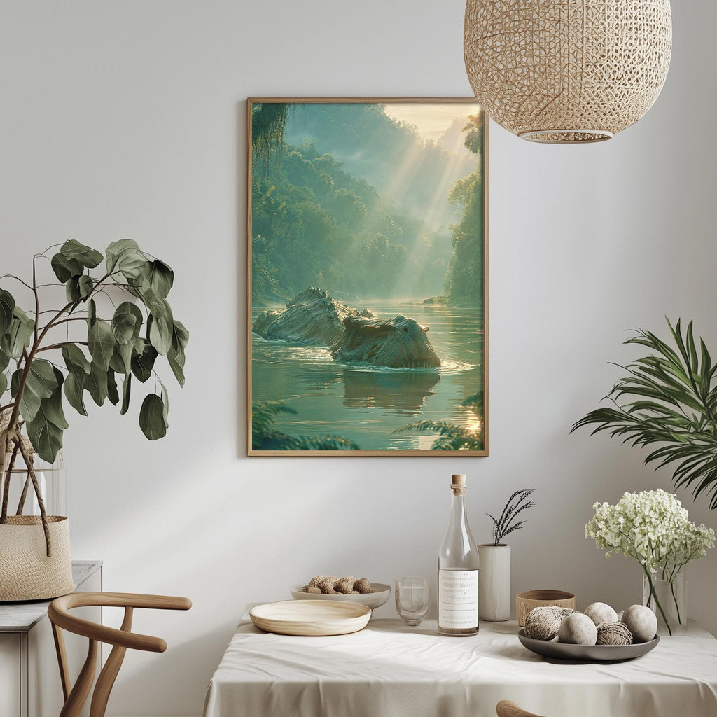 a serene indoor setting with a large framed painting of a tranquil landscape hanging on the wall, complemented by a dining table with a vase of flowers, a bottle of wine, and a bowl of fruit.