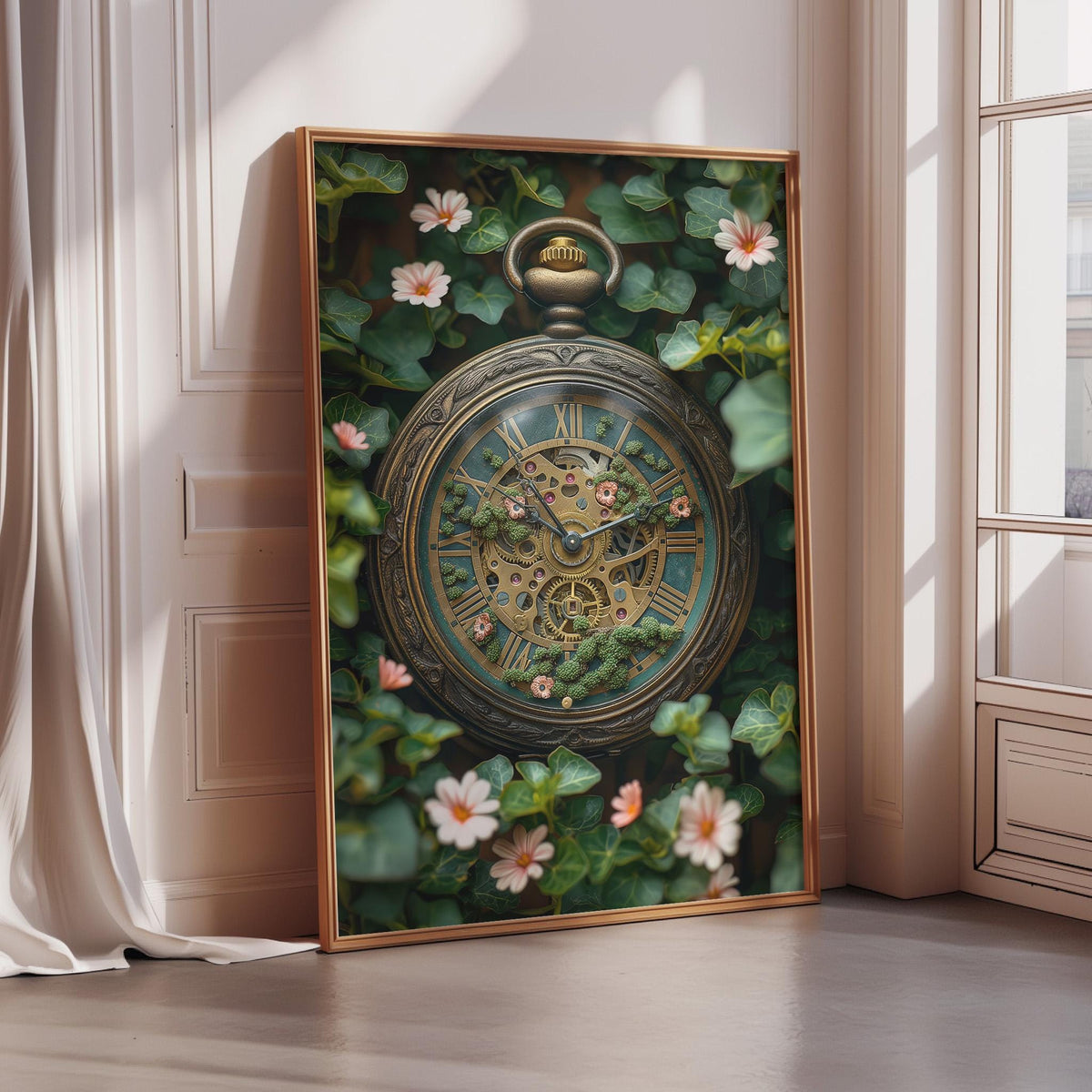 A framed image depicting a pocket watch surrounded by flowers and greenery, placed on a wooden floor against a white wall.