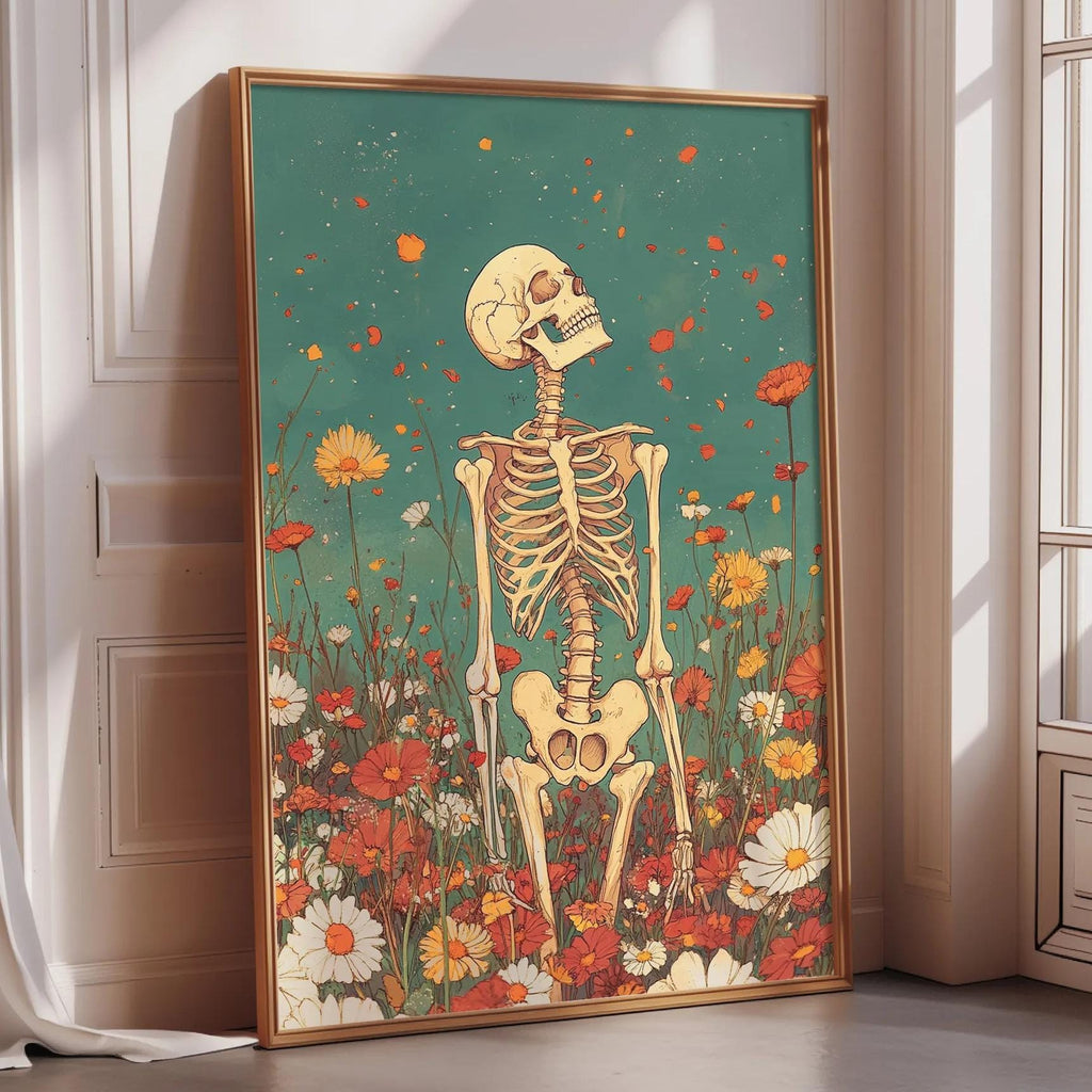 a large framed artwork depicting a skeleton standing in a field of flowers.