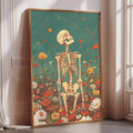 a large framed artwork depicting a skeleton standing in a field of flowers.