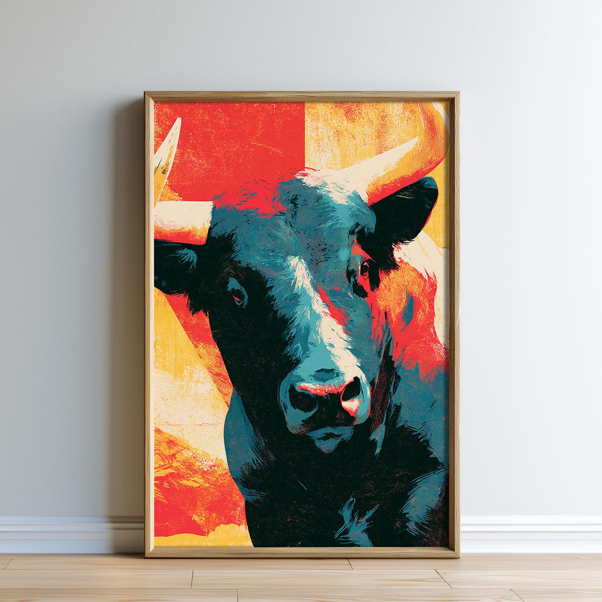 The image is a framed painting depicting a bull with large horns against a vibrant, abstract background.
