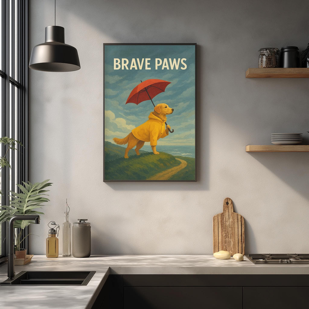 a framed painting of a yellow dog standing on a hill, holding an umbrella, with the text "BRAVE PAWS" above it.