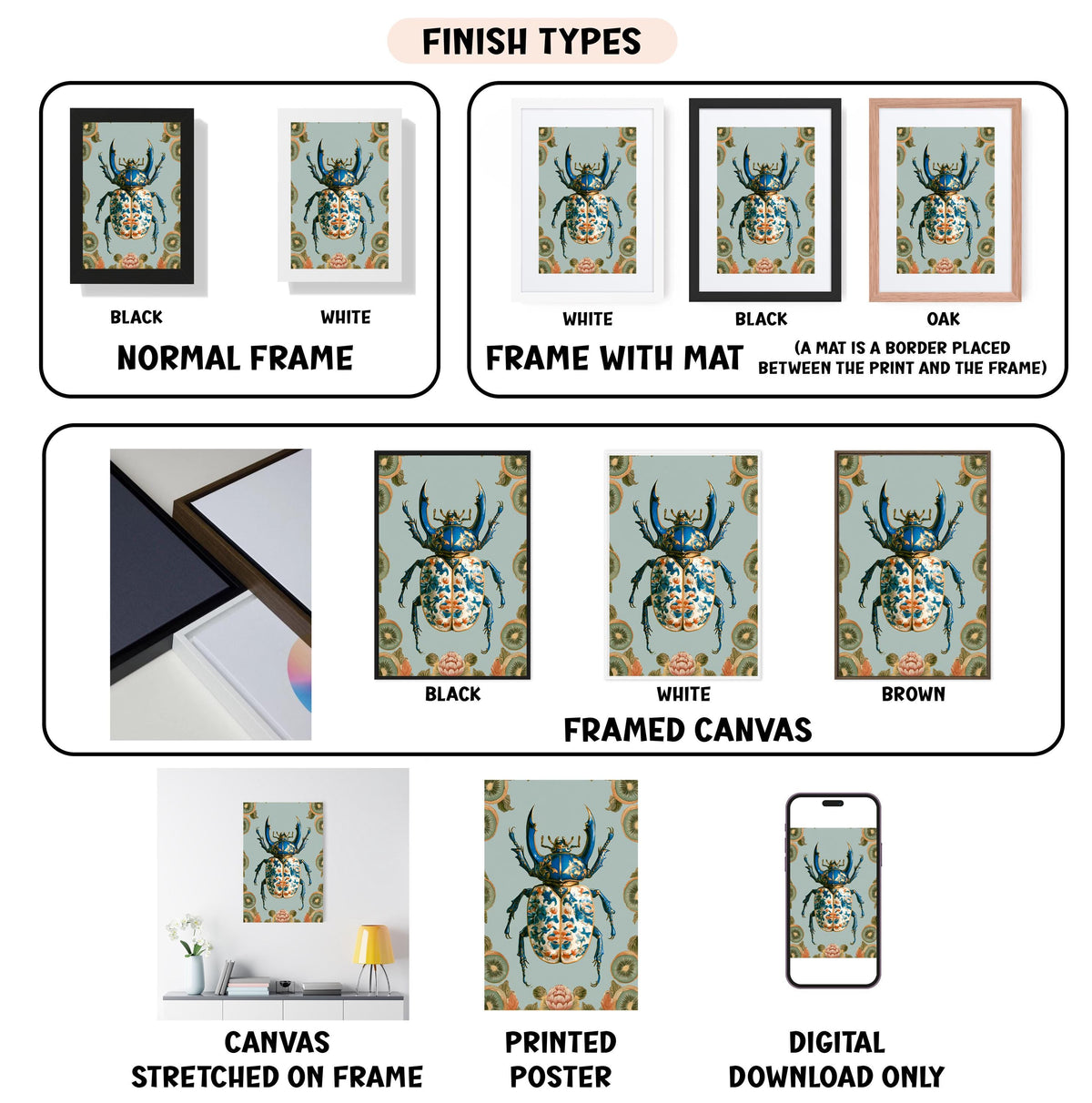 The image is a collection of various framed artworks, including a close-up of a detailed insect, a framed canvas, and a digital poster. The artworks are displayed in different frames, such as black, white, and brown, and are labeled with their finish types, such as normal frame, frame with mat, and framed canvas. The artworks also feature the words "CANVAS STRETCHED ON FRAME", "PRINTED POSTER", and "DIGITAL DOWNLOAD ONLY".