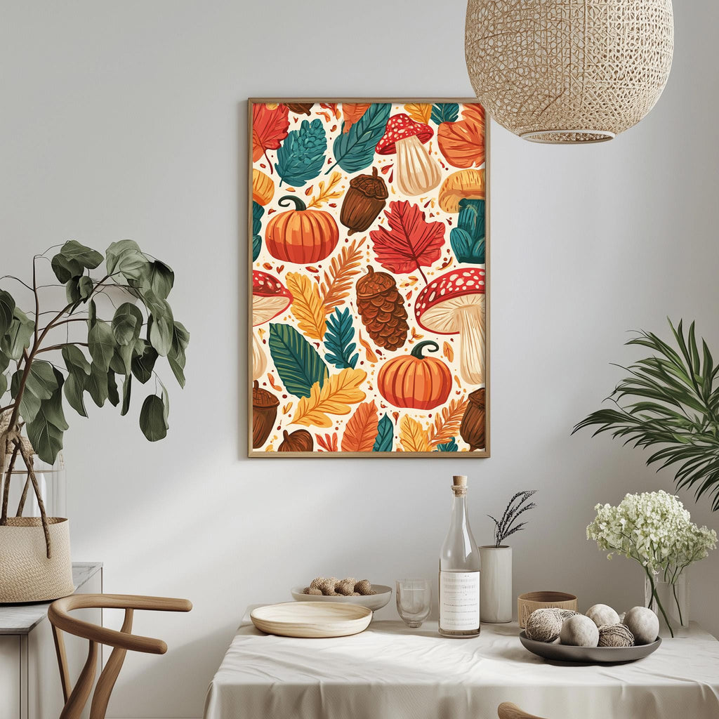 a dining table with a white tablecloth, surrounded by chairs. On the table, there are various decorative items such as a vase, a bowl, and a bottle. Above the table, there is a framed print of a colorful autumn-themed illustration hanging on the wall.