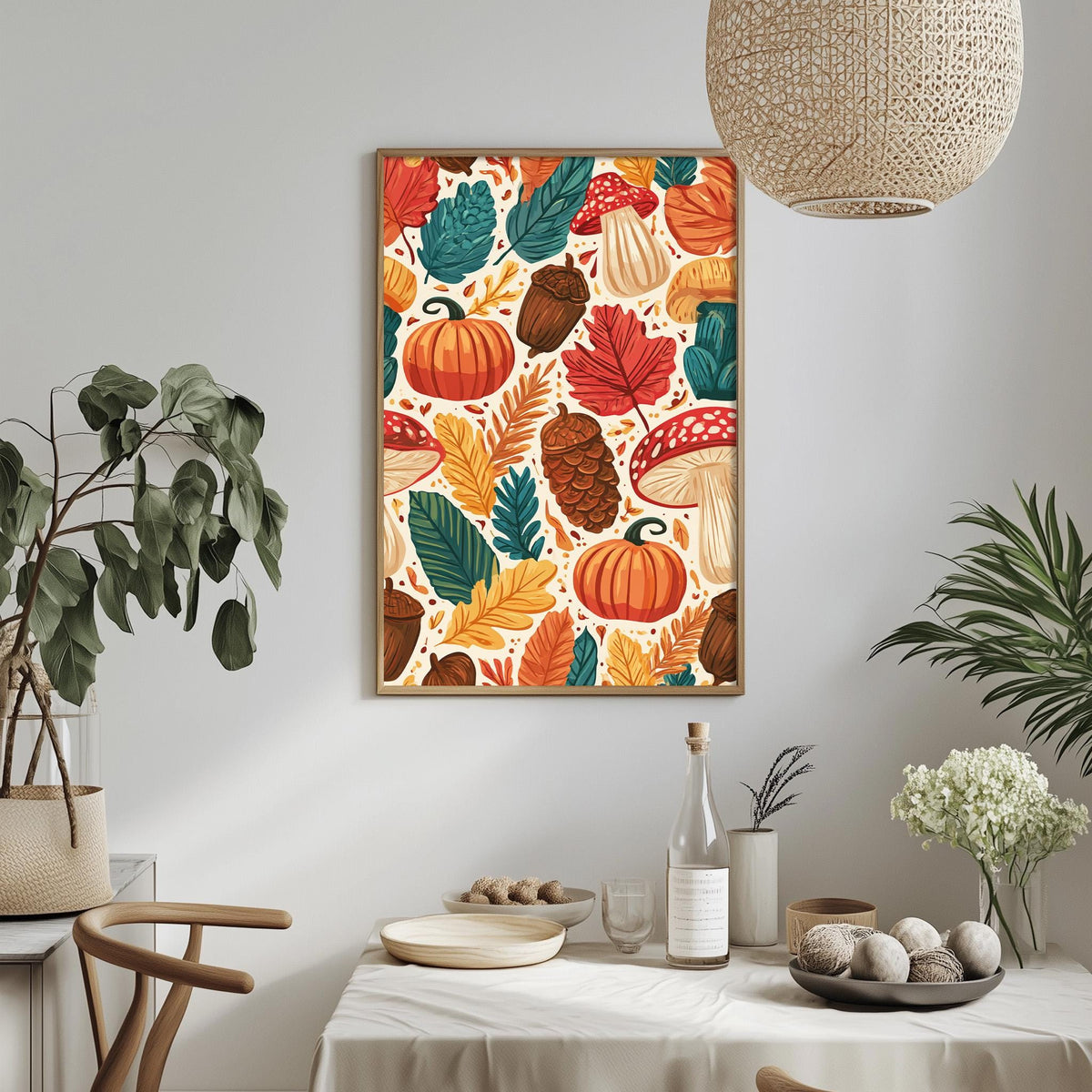a dining table with a white tablecloth, surrounded by chairs. On the table, there are various decorative items such as a vase, a bowl, and a bottle. Above the table, there is a framed print of a colorful autumn-themed illustration hanging on the wall.