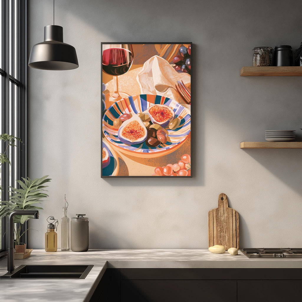 a kitchen scene with a framed painting of a plate of food, including grapes, on the wall above a countertop with various kitchen items such as a cutting board, a bottle, and a vase.