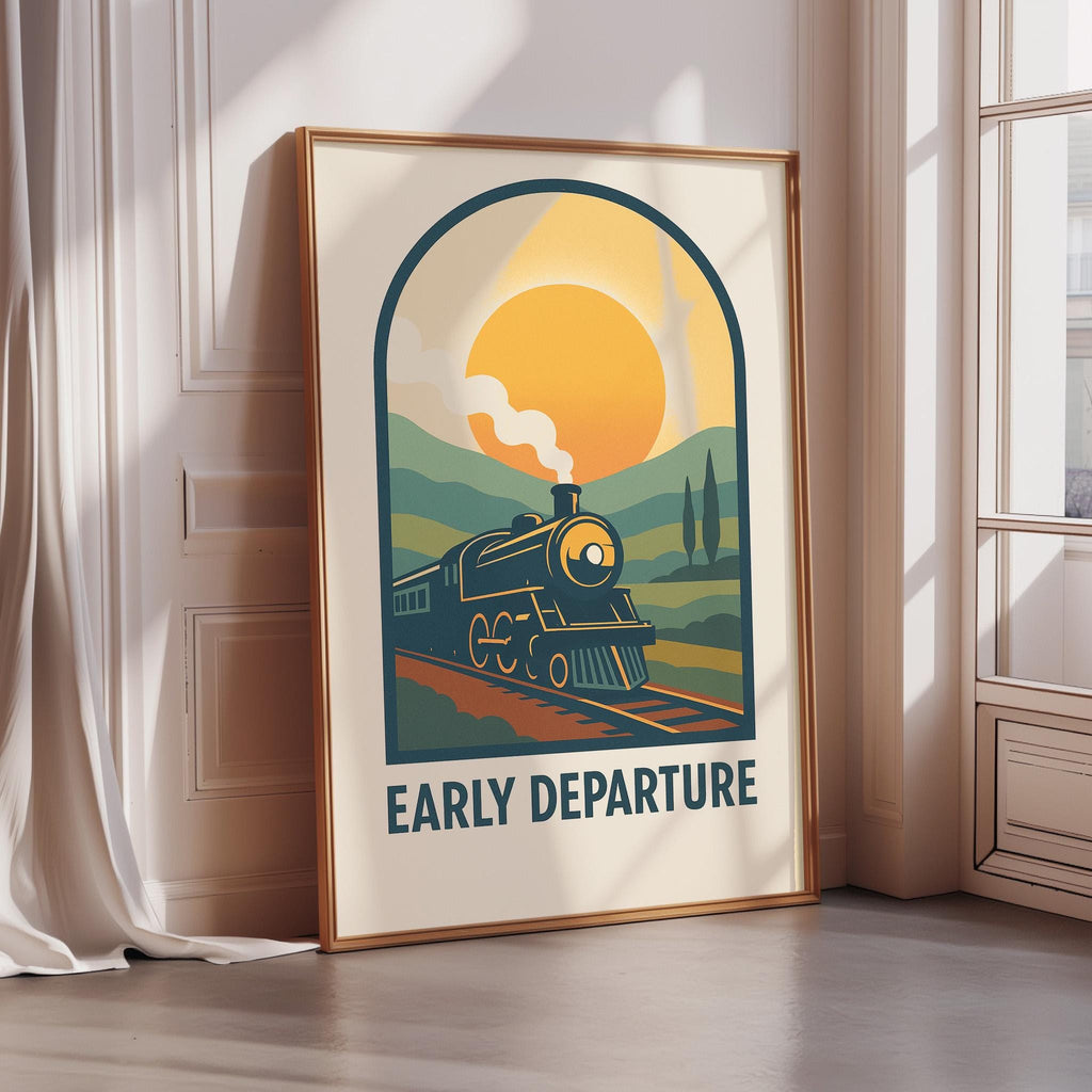 a framed poster depicting a train traveling through a scenic landscape with a large sun in the background.