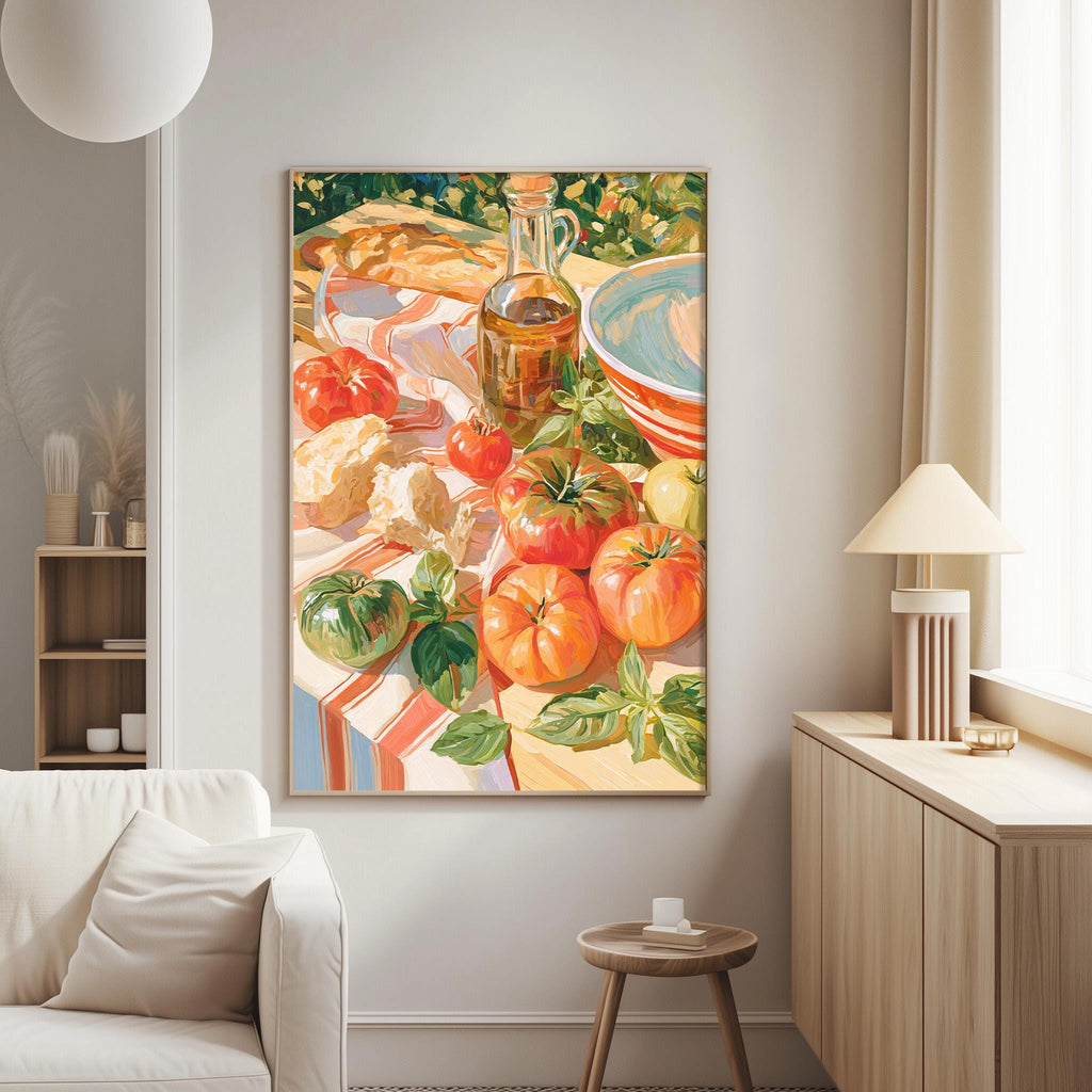 a large painting of a table with various food items, including tomatoes, bread, and a bowl, hanging on a wall in a living room setting.