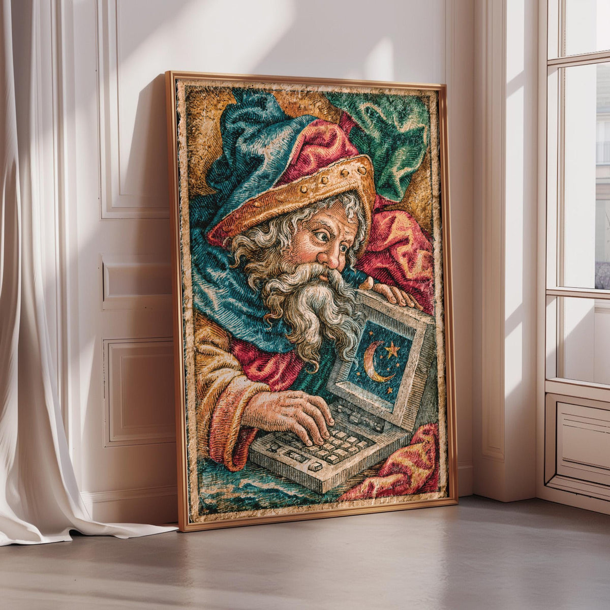 The image is a framed tapestry depicting a bearded man wearing a colorful robe and hat, holding a laptop computer.