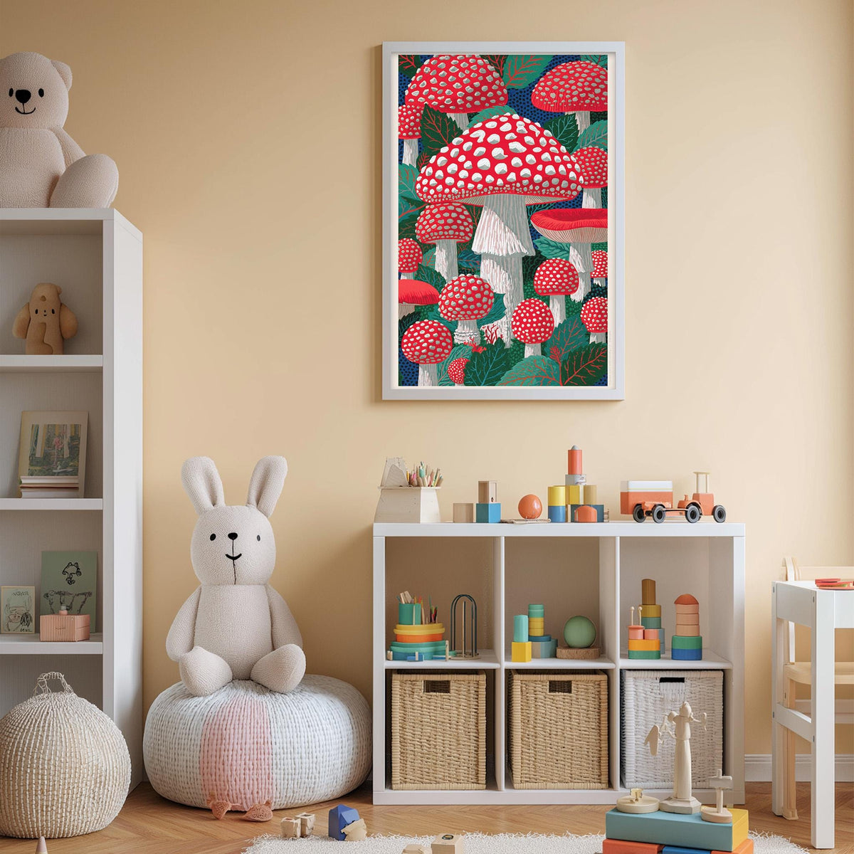 A cozy children's room with a large mushroom-themed artwork on the wall, a stuffed rabbit, and a toy train set on a shelf.