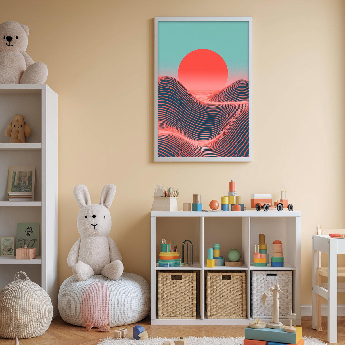 A cozy and colorful children's bedroom with a large stuffed rabbit, a bookshelf, and a toy chest filled with toys. The walls are painted a light peach color, and a framed picture of a sunset is displayed above the bookshelf.