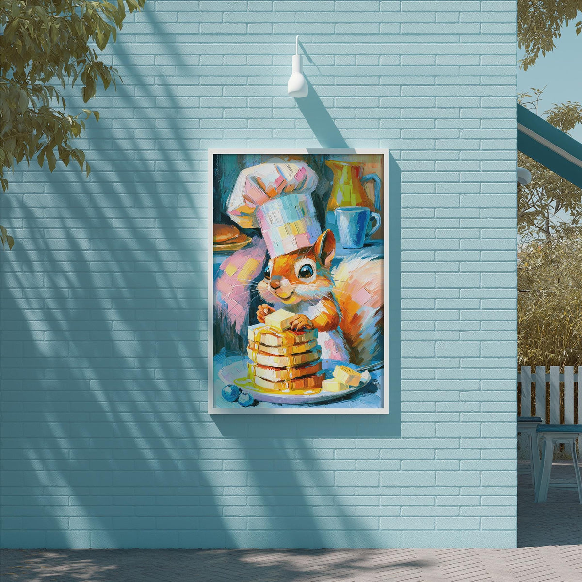 A painting of a squirrel wearing a chef's hat and holding a plate of pancakes is displayed on a blue brick wall.