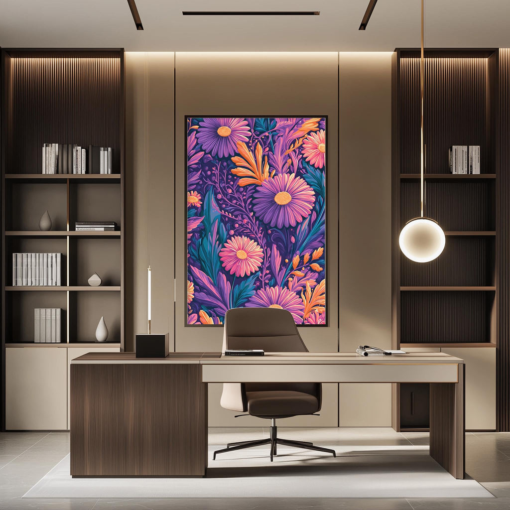 a modern and stylish office space with a large, colorful floral painting on the wall behind a desk. The desk is positioned in front of the painting, creating a focal point in the room. The office also features built-in bookshelves and a pendant light, contributing to the overall contemporary design.